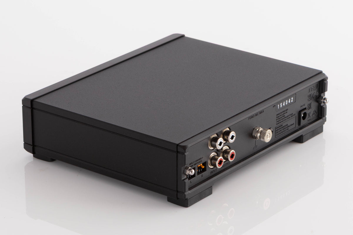 Rear right corner of a used Rega FONO MC MK4 Phonostage in a Black finish