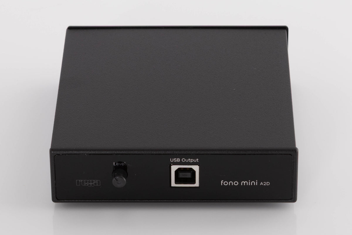 Front view of a used Rega FONO MINI A2D Phonostage in a Black finish showing USB Output