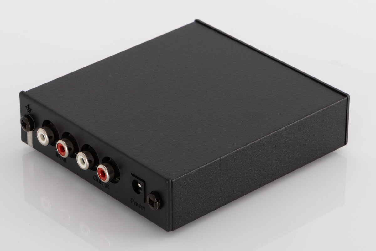 Rear left corner of a used Rega FONO MINI A2D Phonostage in a Black finish