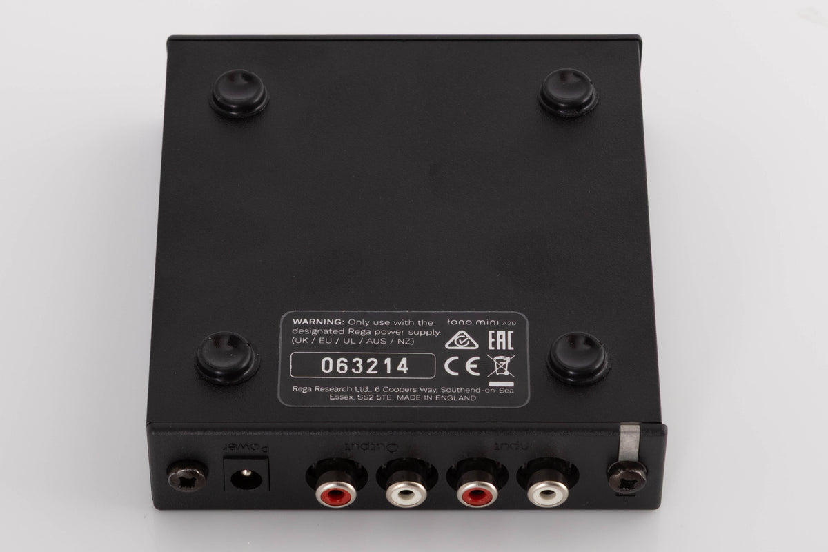 Underside of a used Rega FONO MINI A2D Phonostage in a Black finish