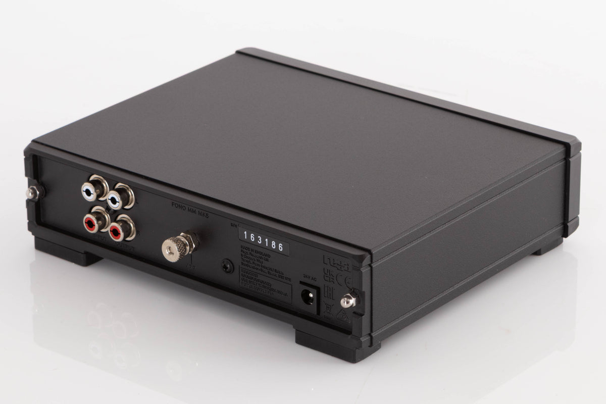 Rear left corner of a used Rega FONO MM MK5 Phonostage in a Black finish