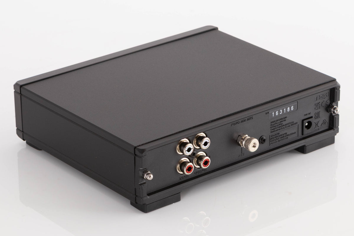 Rear right corner of a used Rega FONO MM MK5 Phonostage in a Black finish