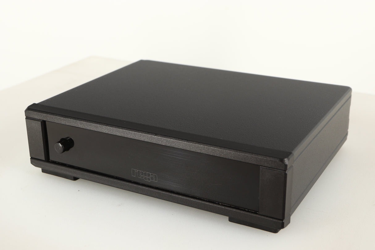 Close up of a used Rega FONO MM MK5 Phonostage in a black finish showing scratching on screen