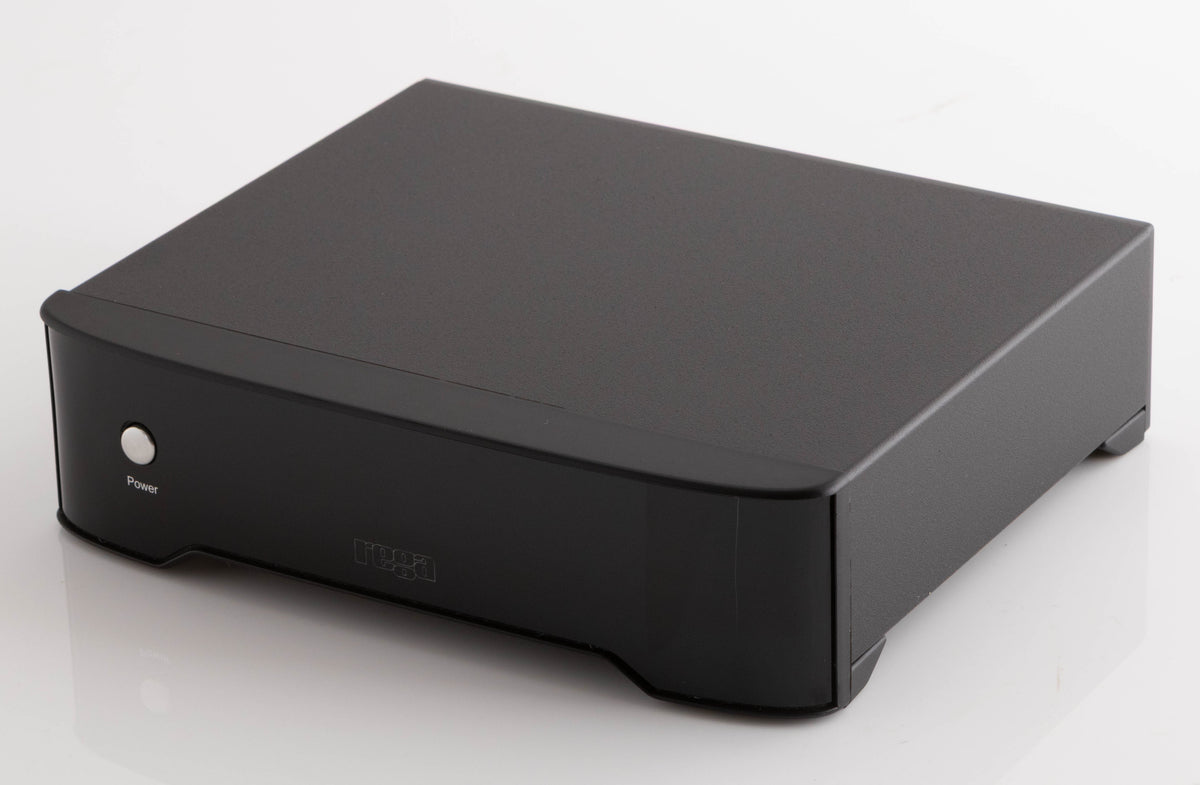 Close up of a used Rega FONO MM Phonostage in a Black finish showing screen