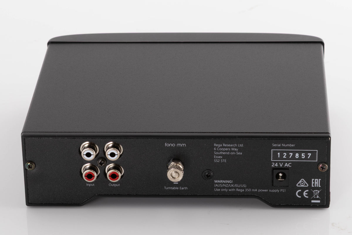Rear view of a used Rega FONO MM Phonostage in a Black finish showing Phono Inputs, Phono Outputs and Power Input