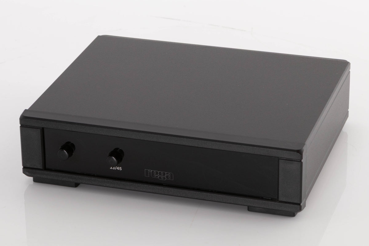 Close up of a used Rega NEO Turntable Power Supply in a Black finish showing screen