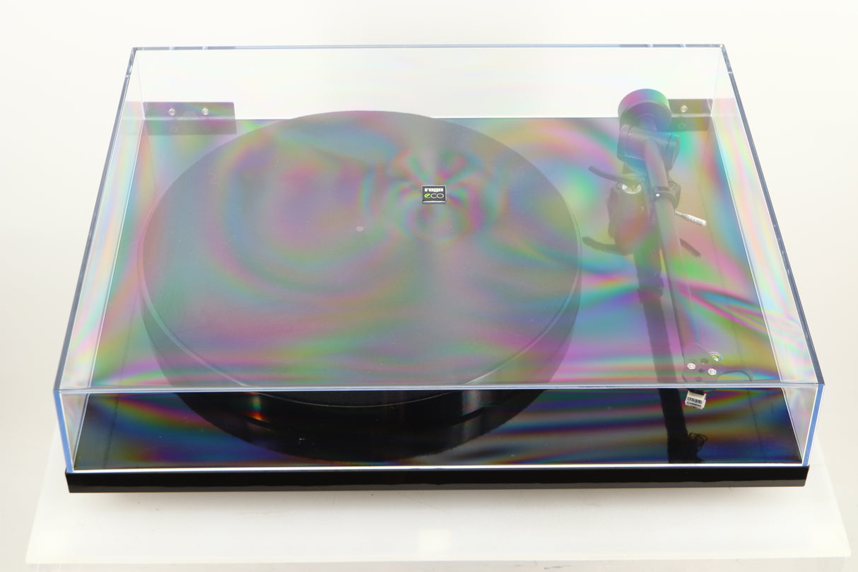 Top view of a used Rega Planar 1 ECO Turntable in Black Gloss finish with lid
