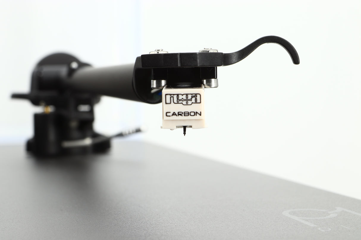 Close up view of a used Rega Planar 1 Plus Turntable in Matt Black showing the cartridge