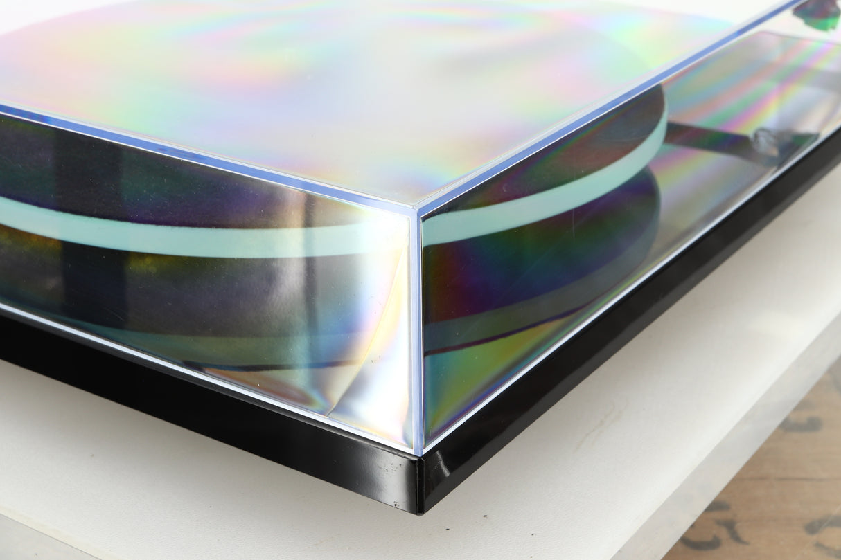 Front left corner of a used Rega Planar 2 Turntable / AT-VM95E Cartridge in a black finish