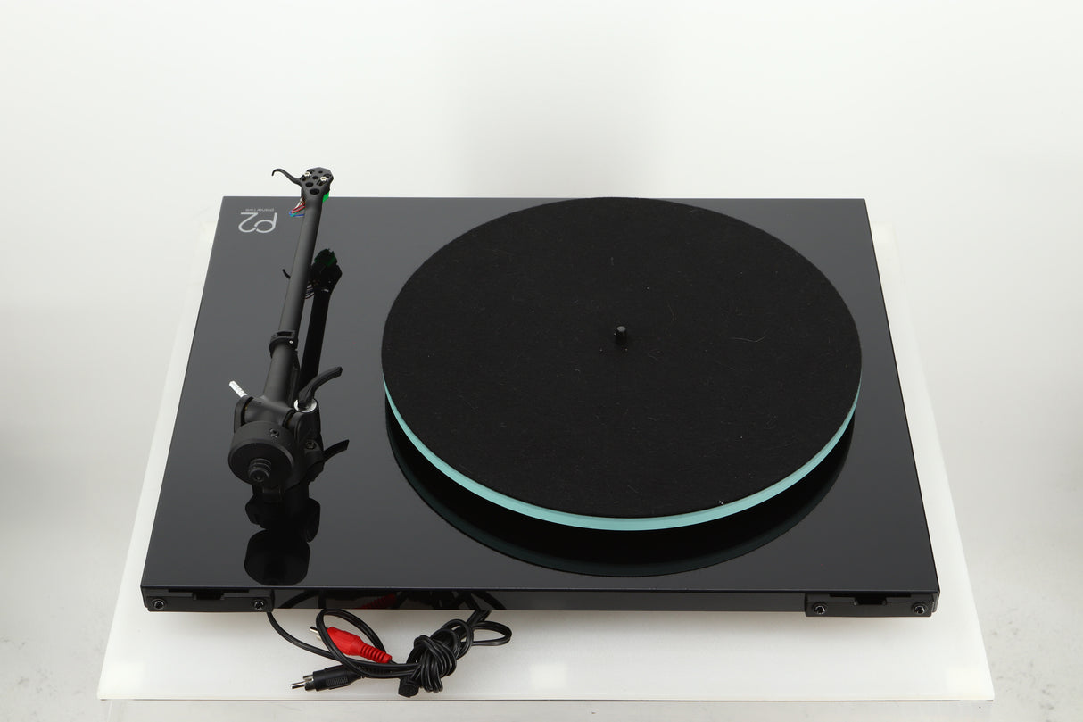 Rear view of a used Rega Planar 2 Turntable / AT-VM95E Cartridge in a black finish