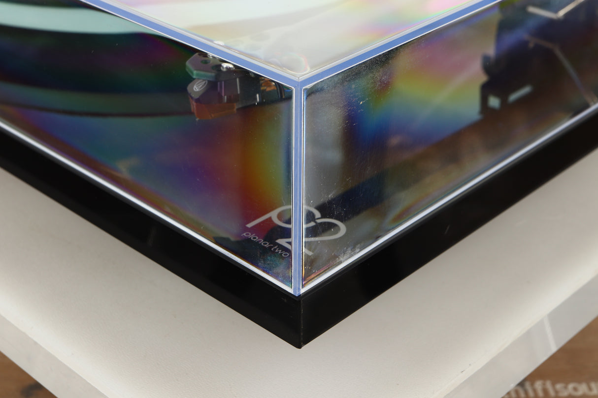 Front right corner of a used Rega Planar 2 Turntable / AT-VM95SH Cartridge in a black finish