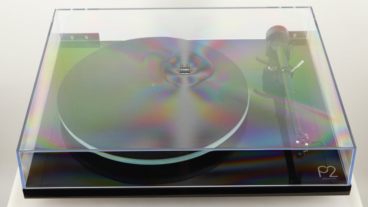Top of a used Rega Planar 2 Turntable / AT-VM95SH Cartridge in a black finish showing lid