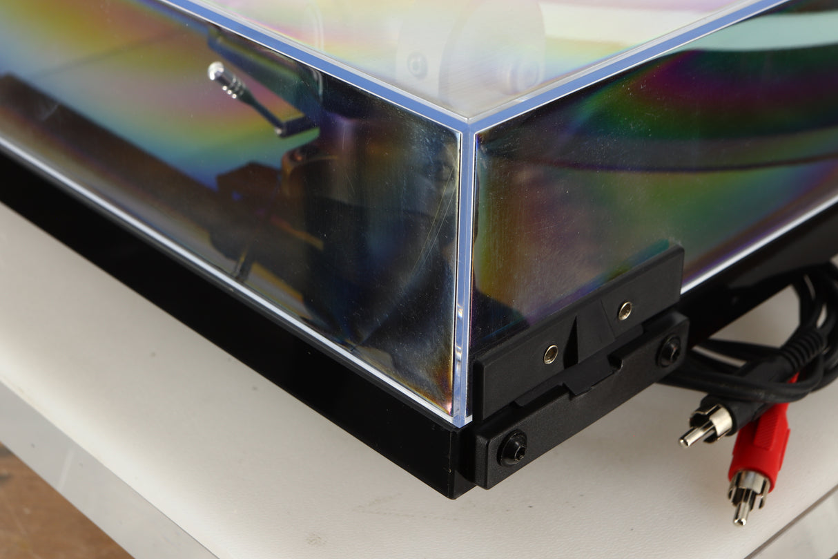 Rear right corner of a used Rega Planar 2 Turntable / AT-VM95SH Cartridge in a black finish