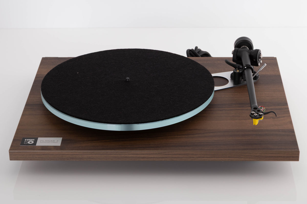 Front view of a used Rega Planar 3 50th Anniversary Turntable in a Walnut finish