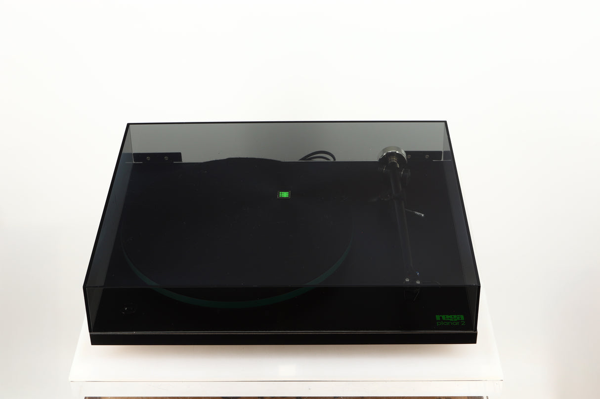 Top of a used Rega Planar 3 (24V Upgraded) Turntable / Goldring E3 Cartridge in a black finish