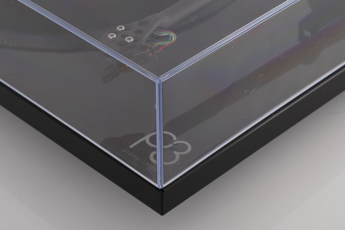 Front right corner view of a used Rega Planar 3 Turntable in Black with ND7 Cartridge