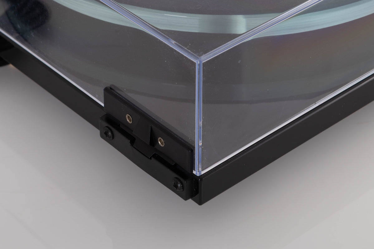 Rear right corner view of a used Rega Planar 3 Turntable in Black with ND7 Cartridge