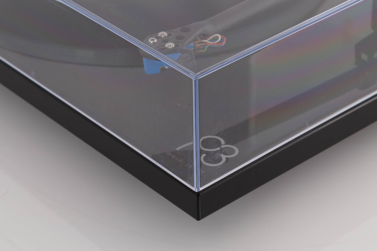 Front right corner view of a used Rega Planar 3 Turntable in Black with Elys Cartridge