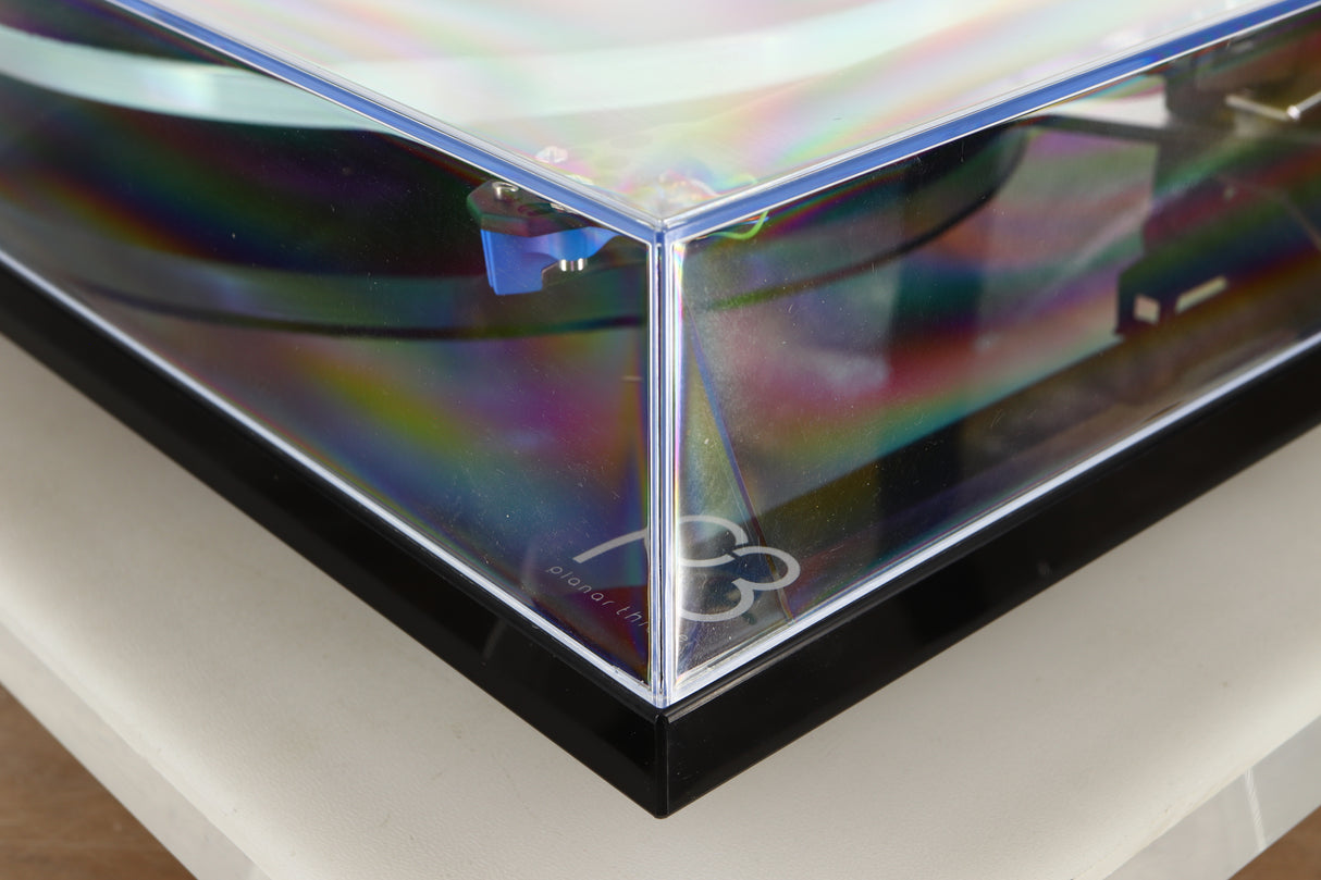 Front right corner view of a used Rega Planar 3 Turntable in Black finish with an Elys Cartridge