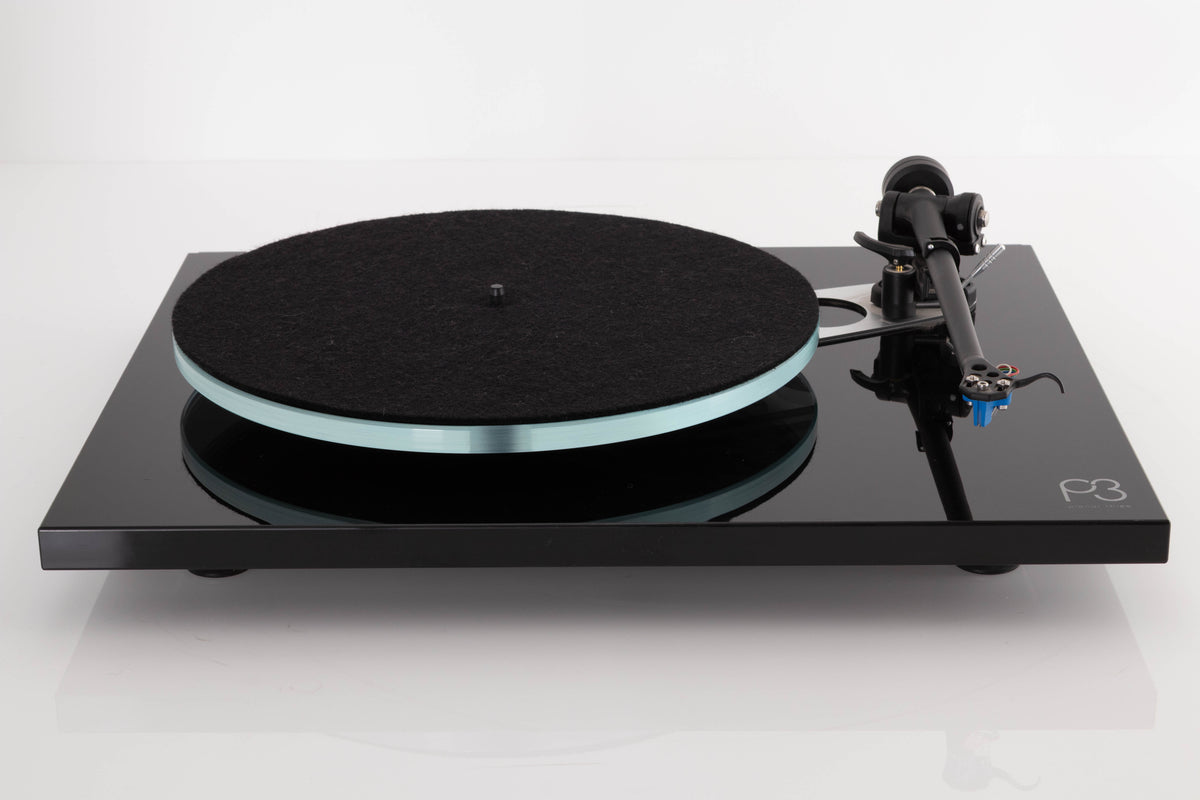Front view of a used Rega Planar 3 Turntable in Black with Elys Cartridge