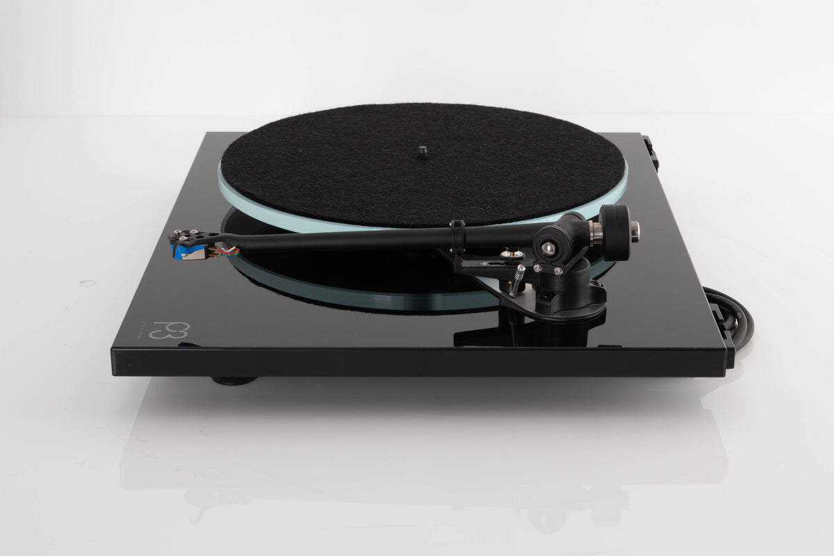 Side view of a used Rega Planar 3 Turntable in Black with Elys Cartridge
