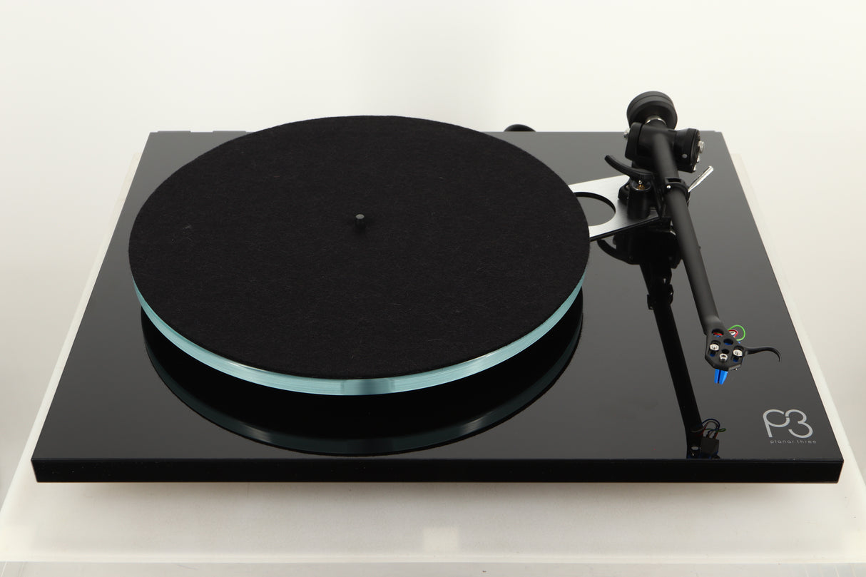Top view of a used Rega Planar 3 Turntable in Black finish with an Elys Cartridge