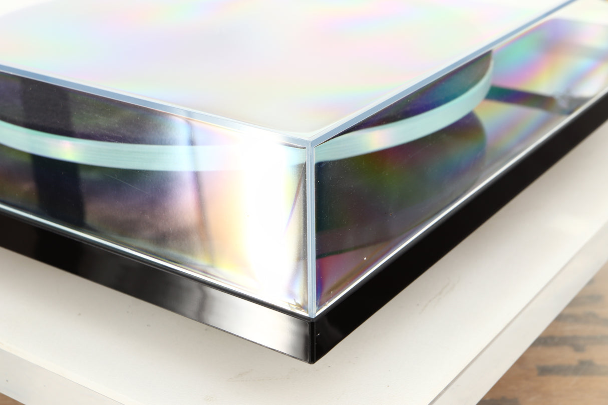 Front left corner of a used Rega Planar 3 Turntable / Elys Cartridge in a black finish