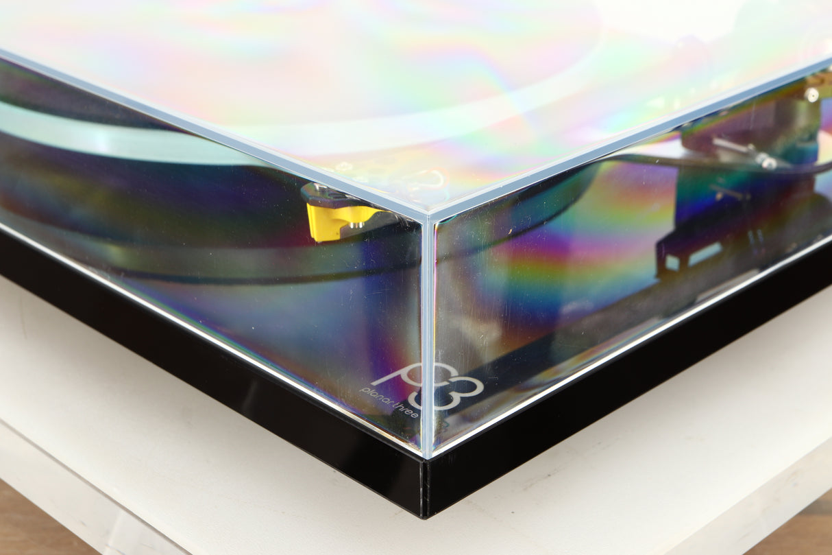 Front right corner of a used Rega Planar 3 Turntable / Elys Cartridge in a black finish