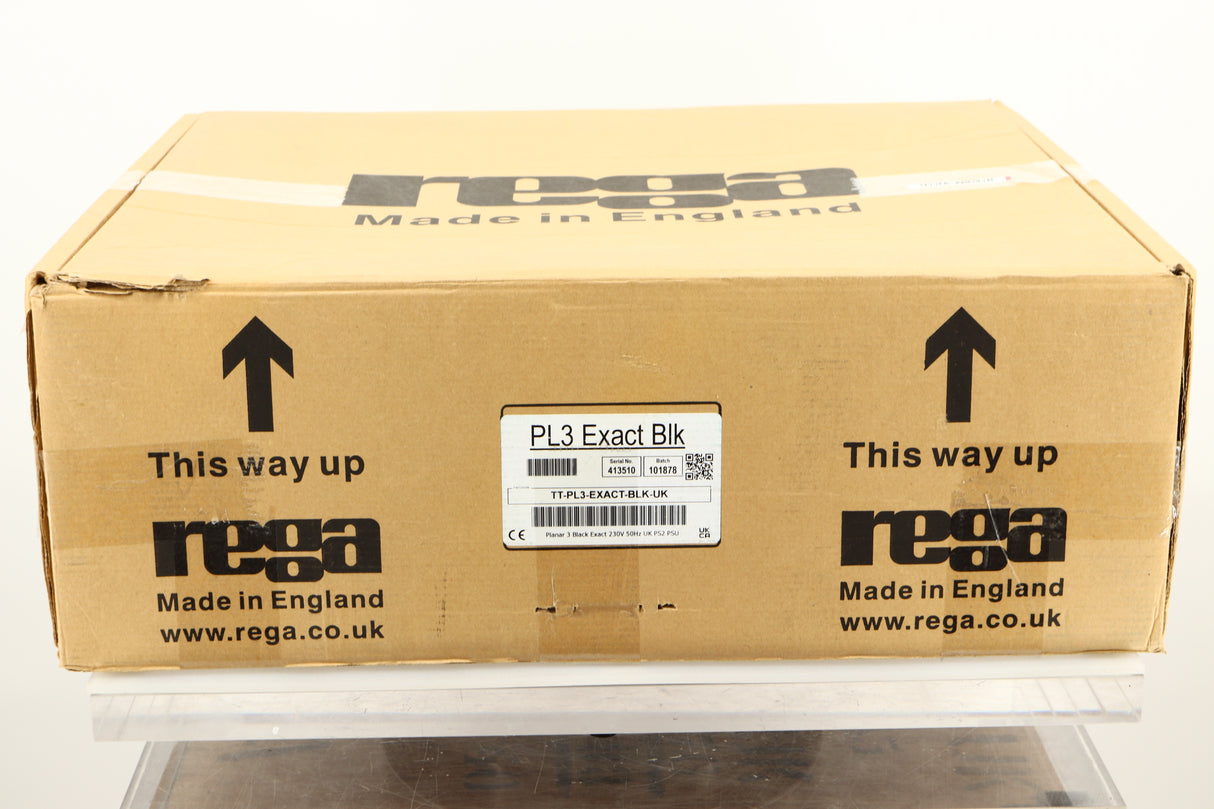 Box of a used Rega Planar 3 Turntable with Exact Cartridge in Black Gloss finish
