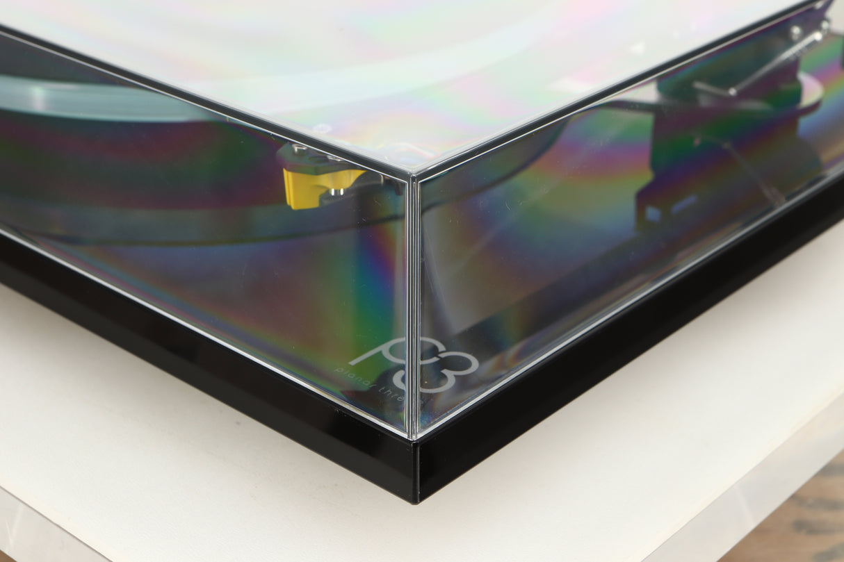 Front right corner view of a used Rega Planar 3 Turntable with Exact Cartridge in Black Gloss finish