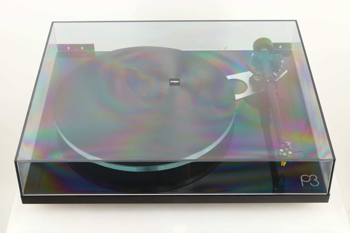 Top view of a used Rega Planar 3 Turntable with Exact Cartridge in Black Gloss finish with lid