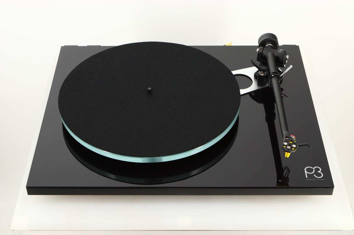 Top view of a used Rega Planar 3 Turntable with Exact Cartridge in Black Gloss finish
