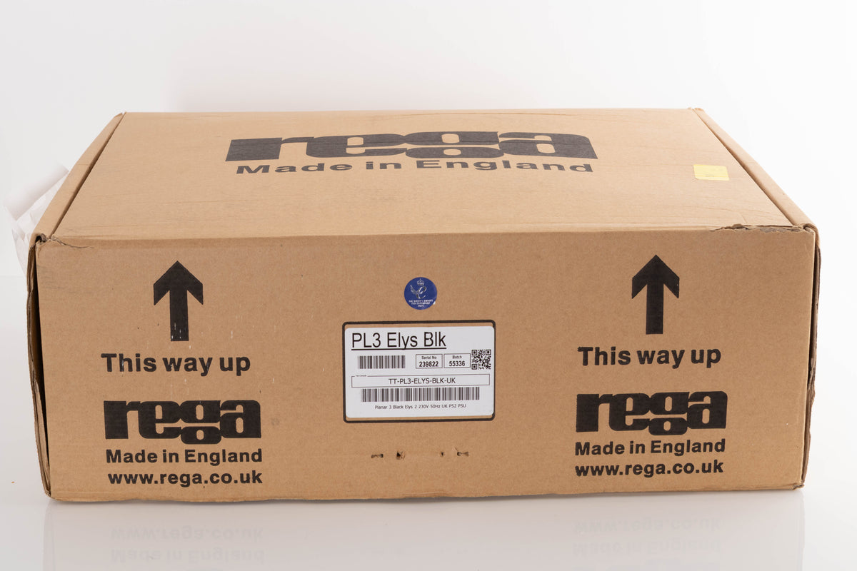 Box of a used Rega Planar 3 Turntable in Gloss Black with Elys Cartridge