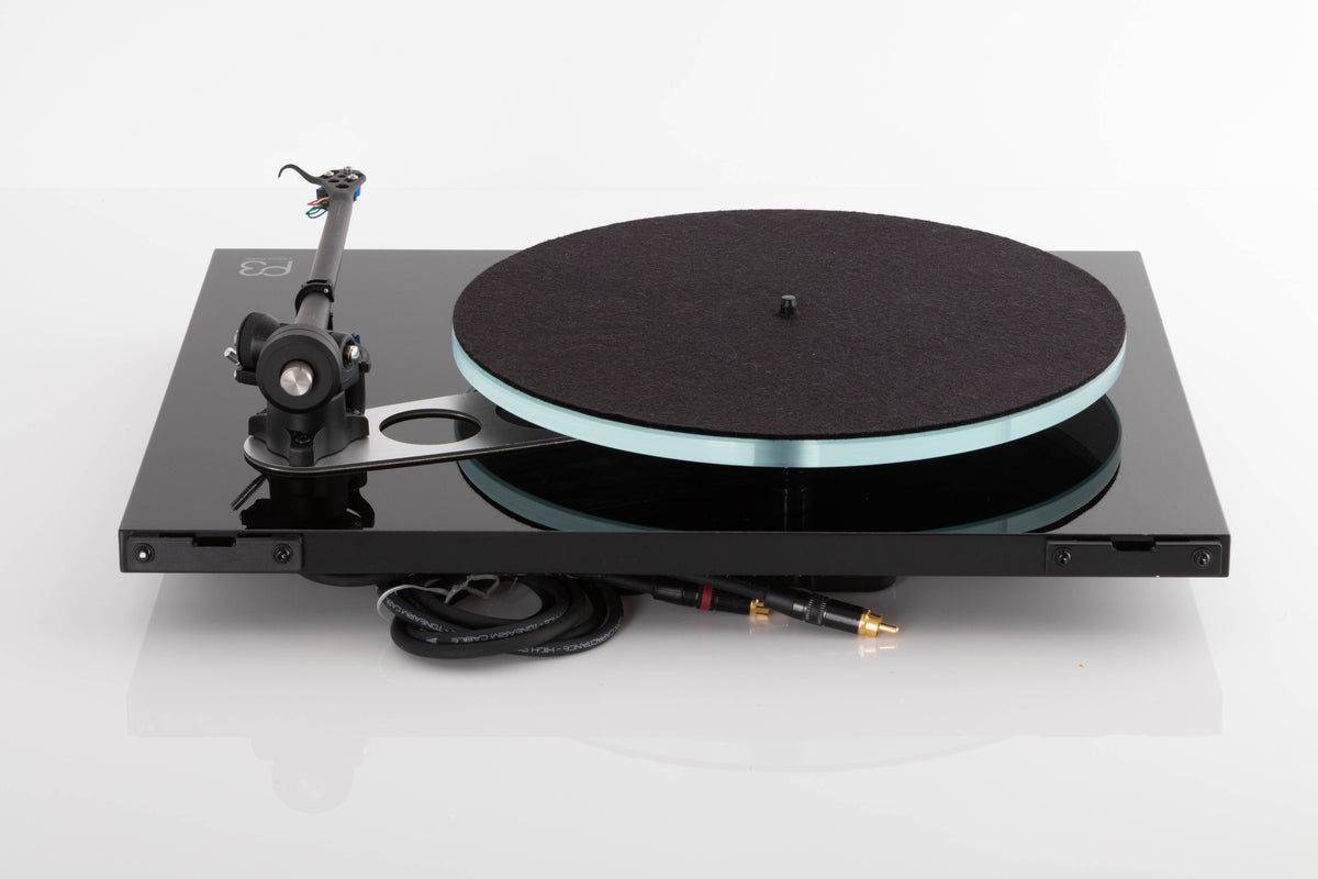 Rear view of a used Rega Planar 3 Turntable in Gloss Black with Elys Cartridge