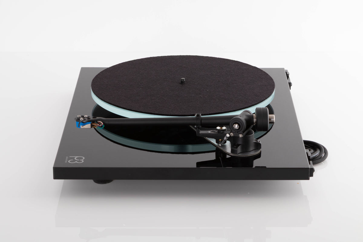 Side view of a used Rega Planar 3 Turntable in Gloss Black with Elys Cartridge