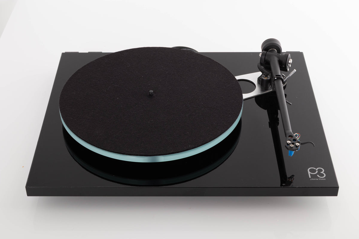 Top view of a used Rega Planar 3 Turntable in Gloss Black with Elys Cartridge