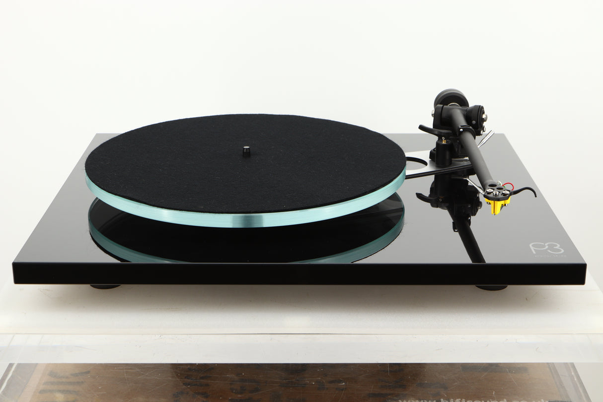 Front view of a used Rega Planar 3 Turntable in Gloss Black finish with Exact Cartridge