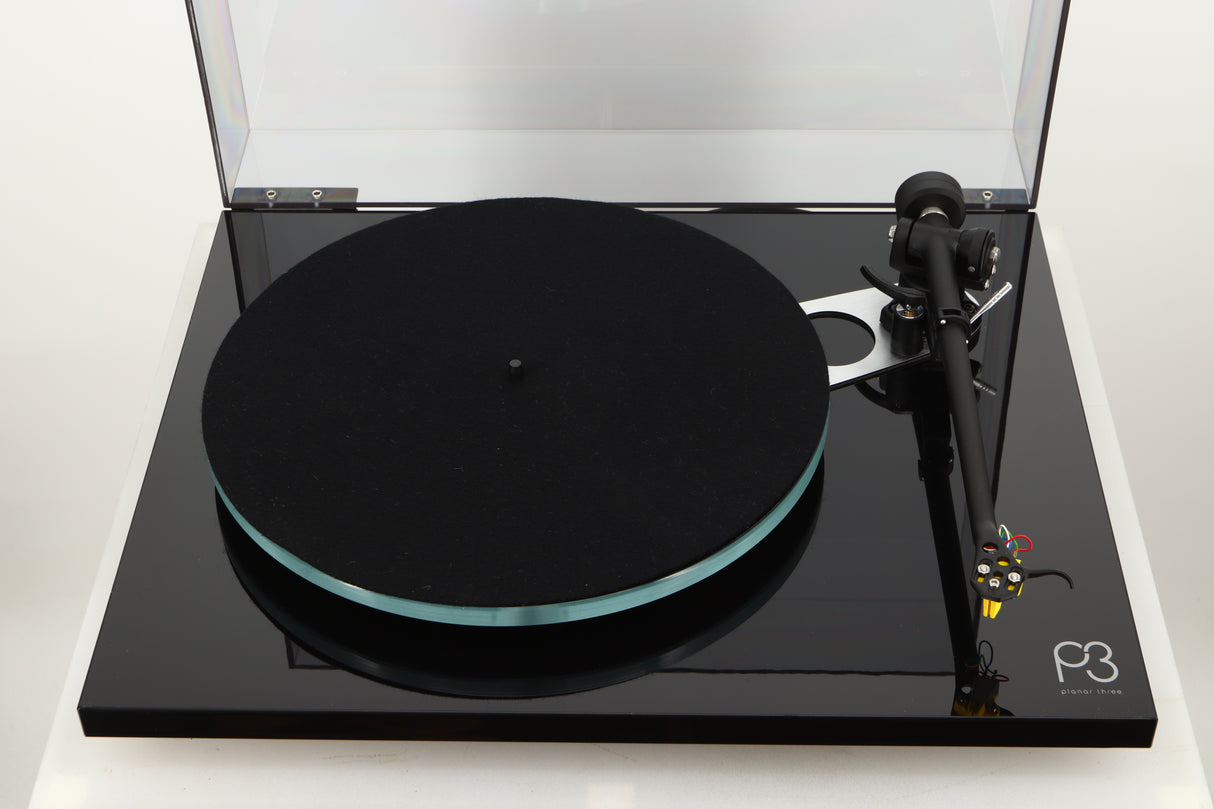 Top view of a used Rega Planar 3 Turntable in Gloss Black finish with Exact Cartridge