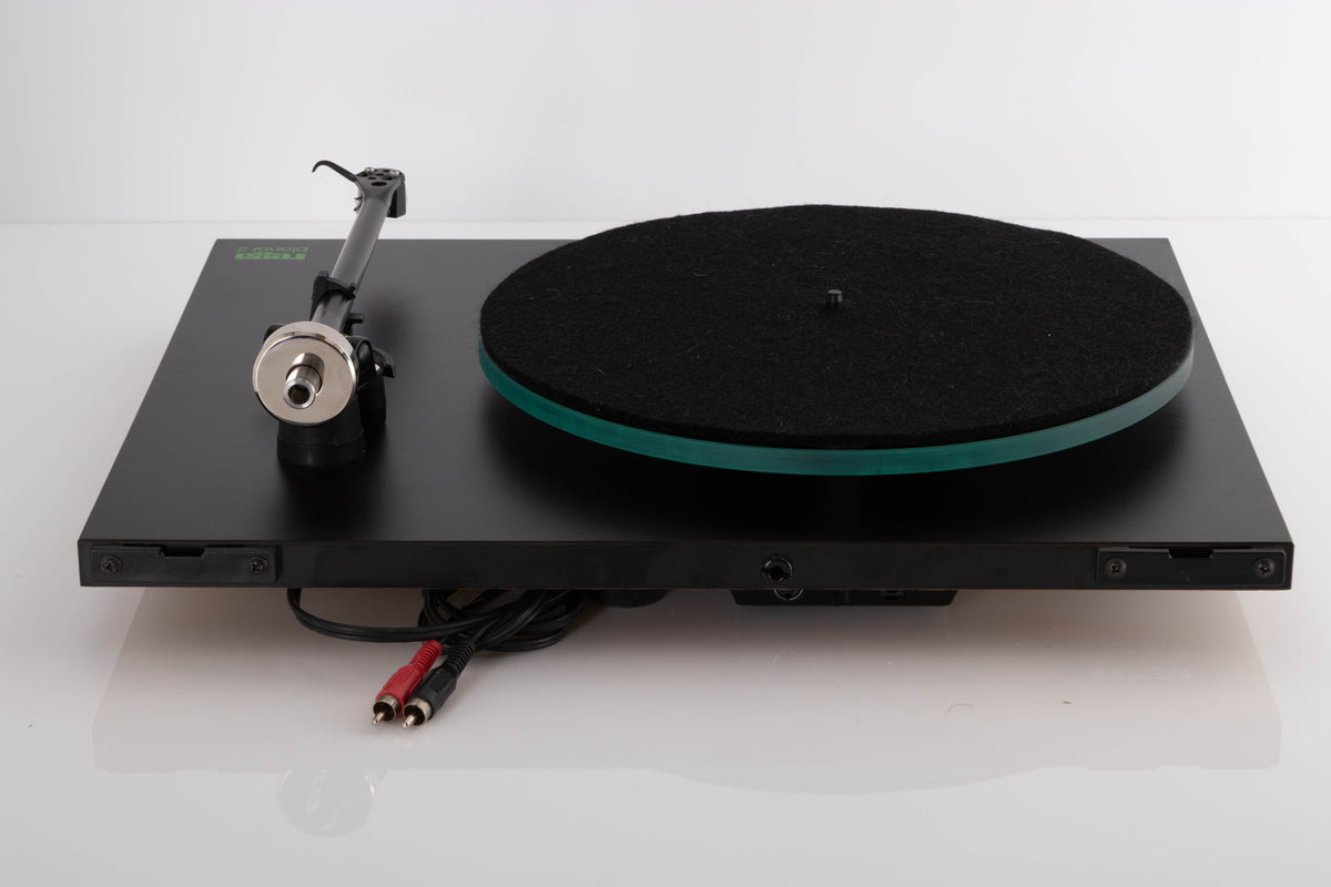 Rear view of a used Rega Planar 3 (24v Upgrade) Turntable in Black with Goldring E3 Cartridge