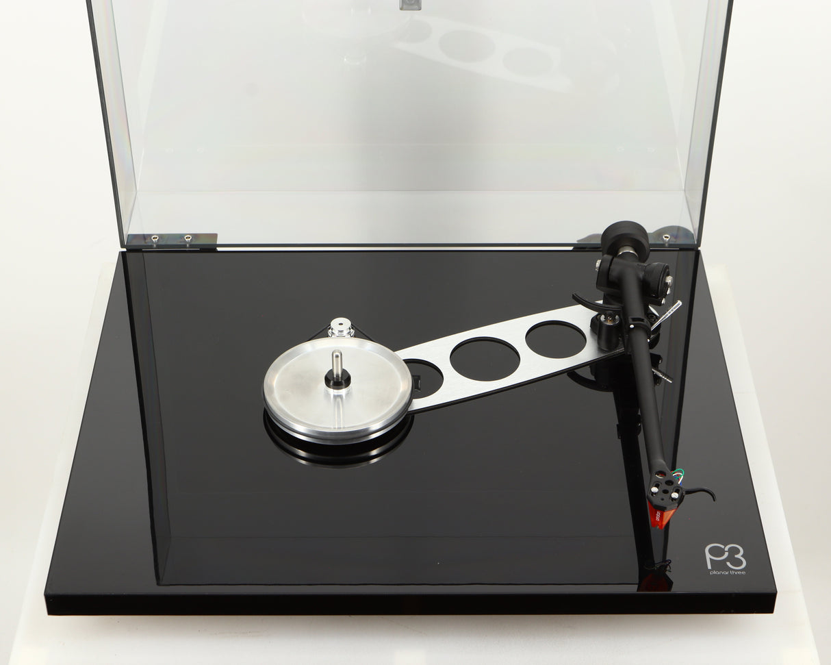 Top of a used Rega Planar 3 Turntable / Ortofon 2M Bronze Cartridge / NEO Power Supply in a black finish showing upgraded sub platter