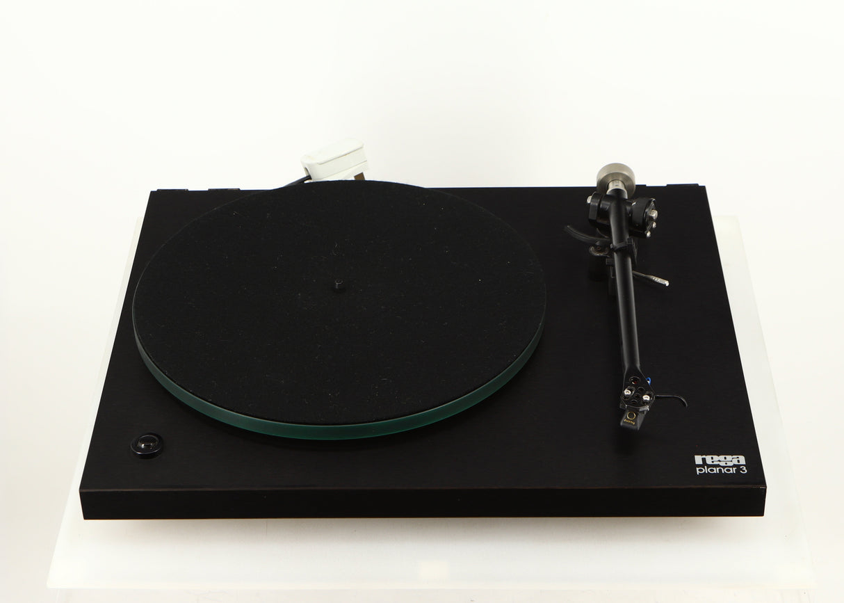 Front view of a used Rega Planar 3 Turntable W/ Goldring 1006 Cartridge in a black finish
