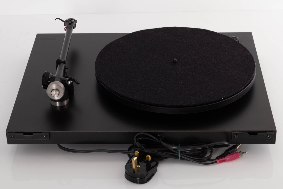 Rear view of a used Rega Planar 3 Turntable W/ Nagaoka MP11 Boron Cartridge in a Black finish