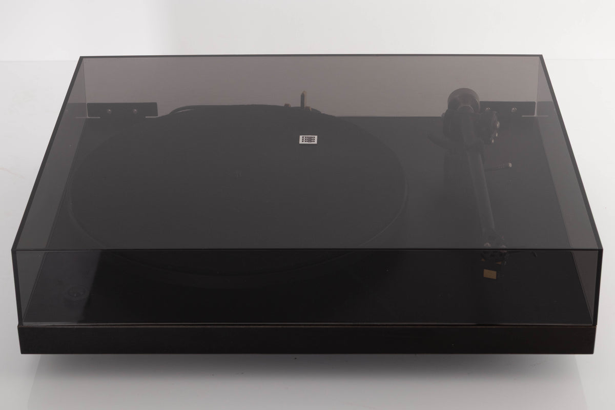 Top of a used Rega Planar 3 Turntable W/ Nagaoka MP11 Boron Cartridge in a Black finish