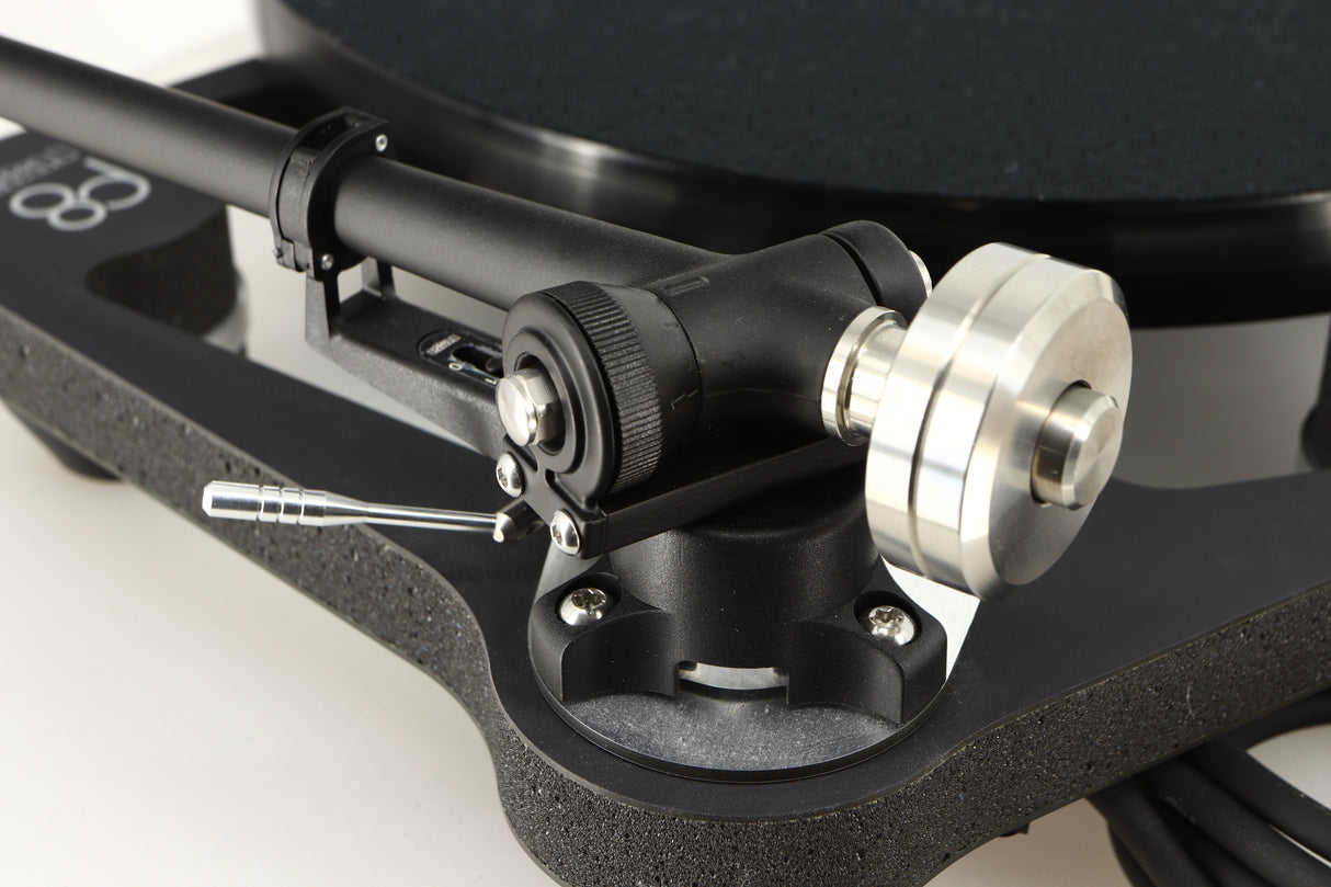 Close up of a used Rega Planar 8 Turntable (No Cartridge) in a black finish showing rear of the arm