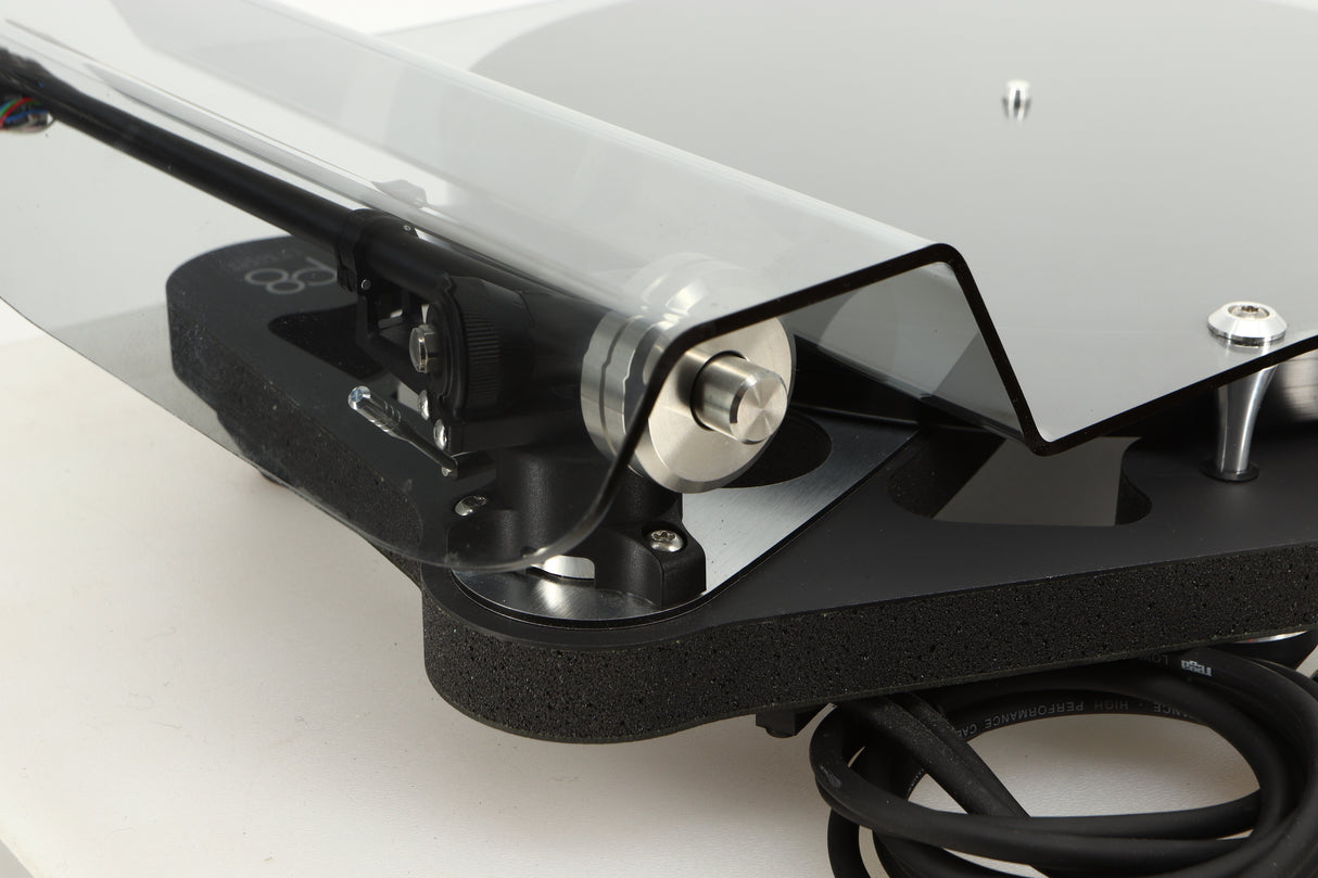 Rear left corner view of a used Rega Planar 8 Turntable in Black finish with an Ania Pro Cartridge