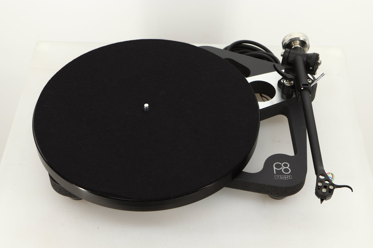 Top view of a used Rega Planar 8 Turntable in Black finish with an Ania Pro Cartridge