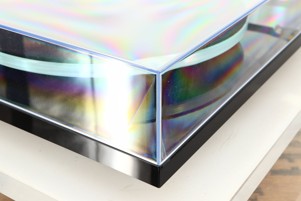 Front left corner of a used Rega Planar 3 Turntable / Exact Cartridge in a black finish