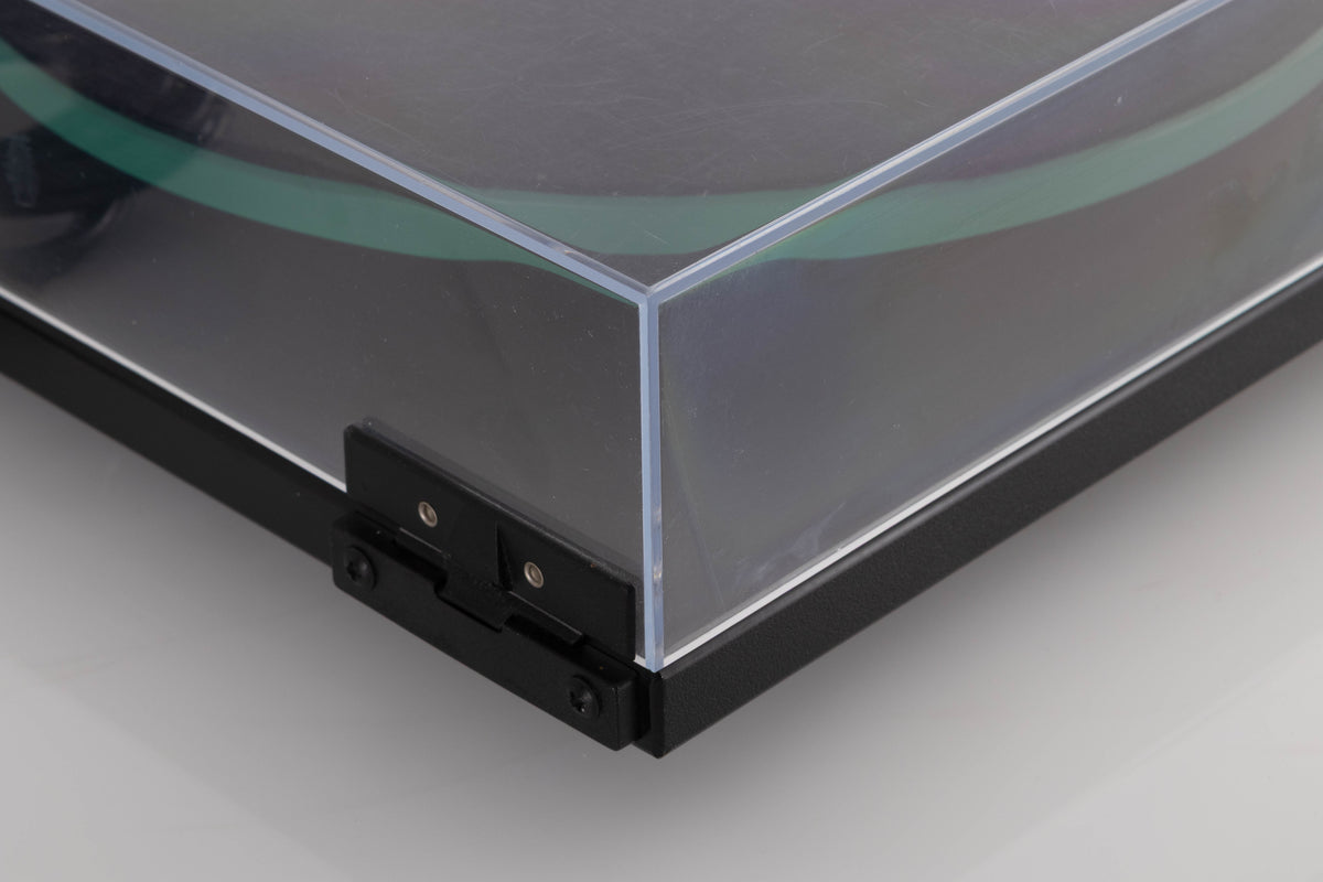 Rear right corner view of a used Rega RP3 Turntable in Cool Grey with AT-VM95SH Cartridge