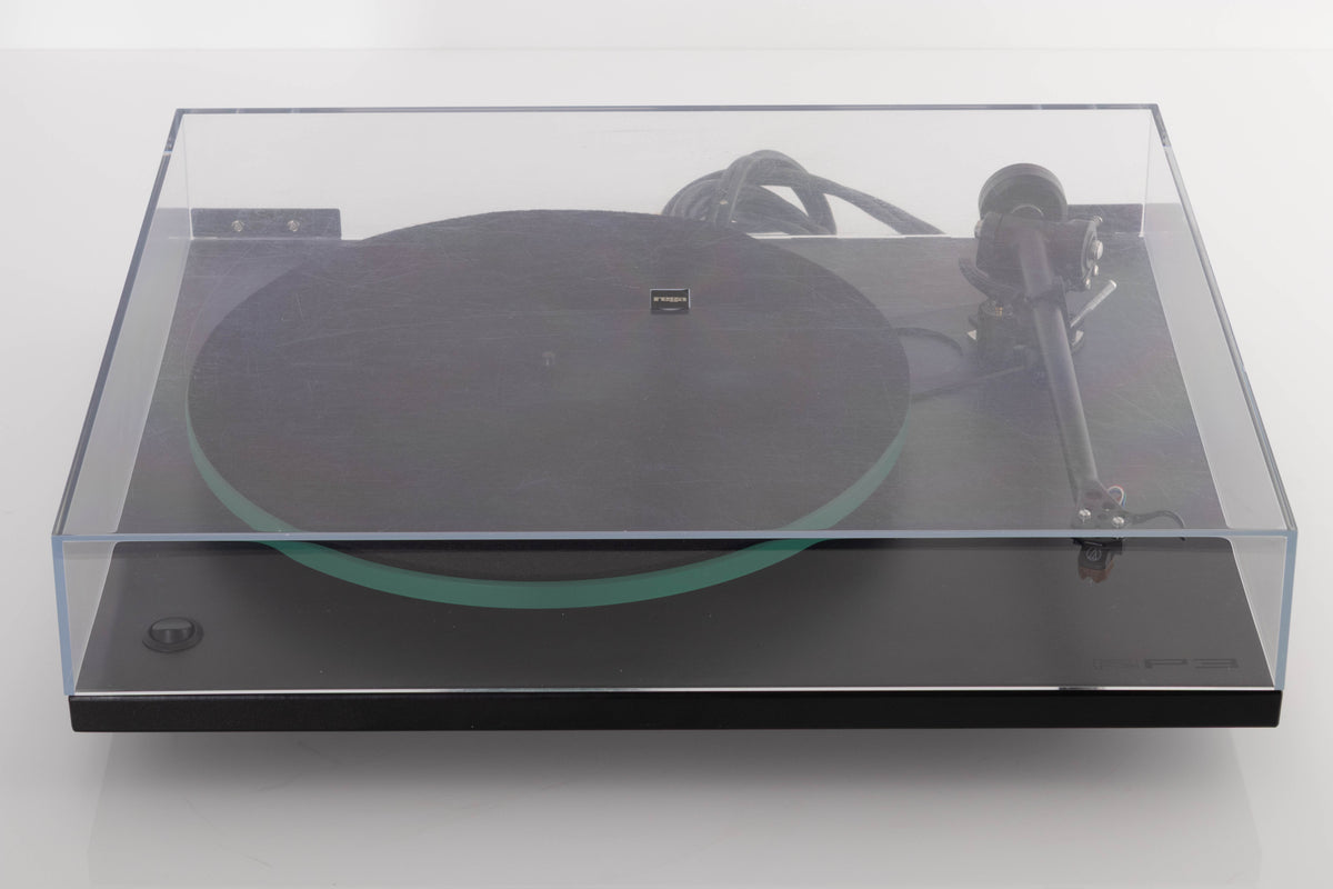 Top view of a used Rega RP3 Turntable in Cool Grey with AT-VM95SH Cartridge