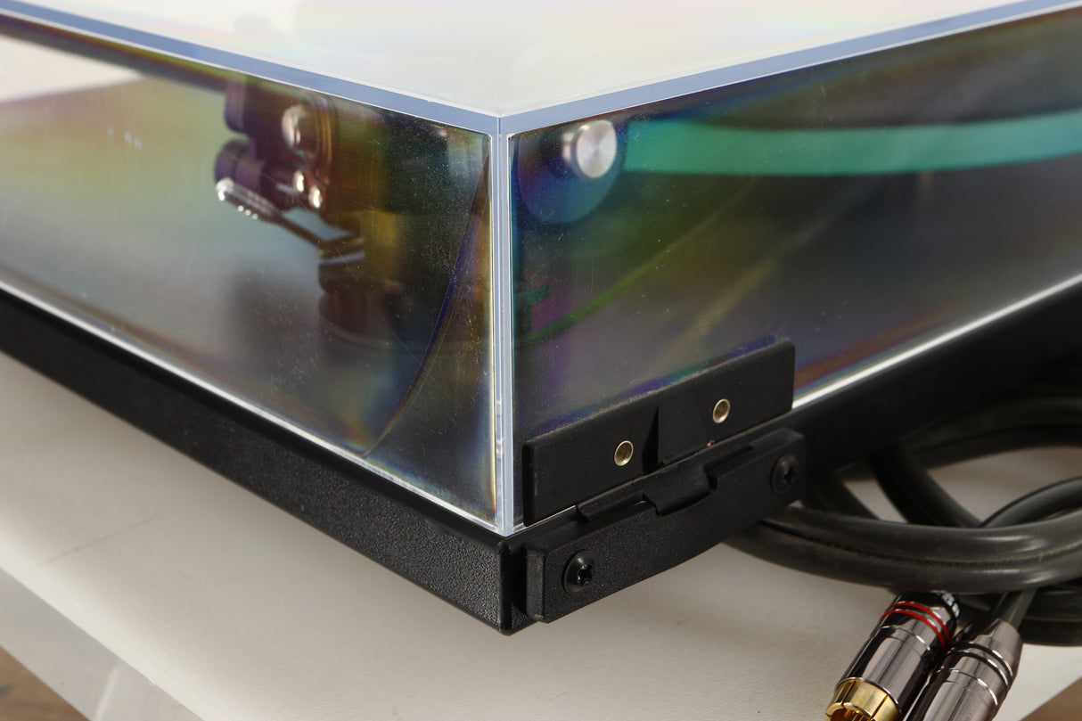 Rear left corner view of a used Rega RP3 Turntable in Black finish with Elys Cartridge